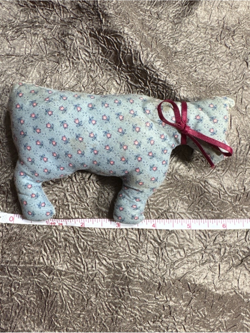 Handmade Blue Floral Fabric Cow Pillow with Burgundy Bow